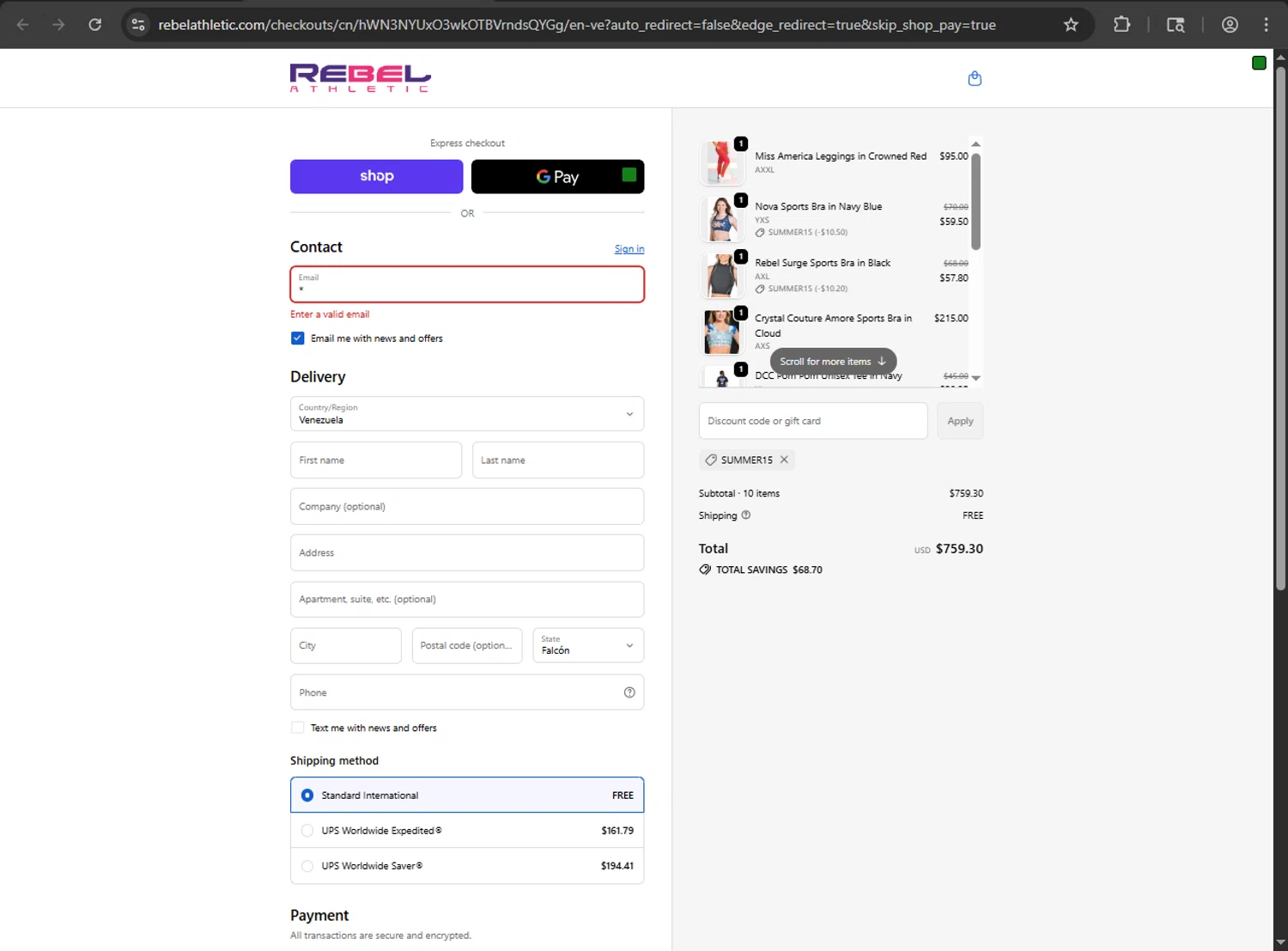 Rebel Athletic coupon code screenshot showing code SUMMER15 applied at Rebel Athletic checkout page. Uploaded by SimplyCodes community member ShrewdDefender8496 on Sep 25, 2025