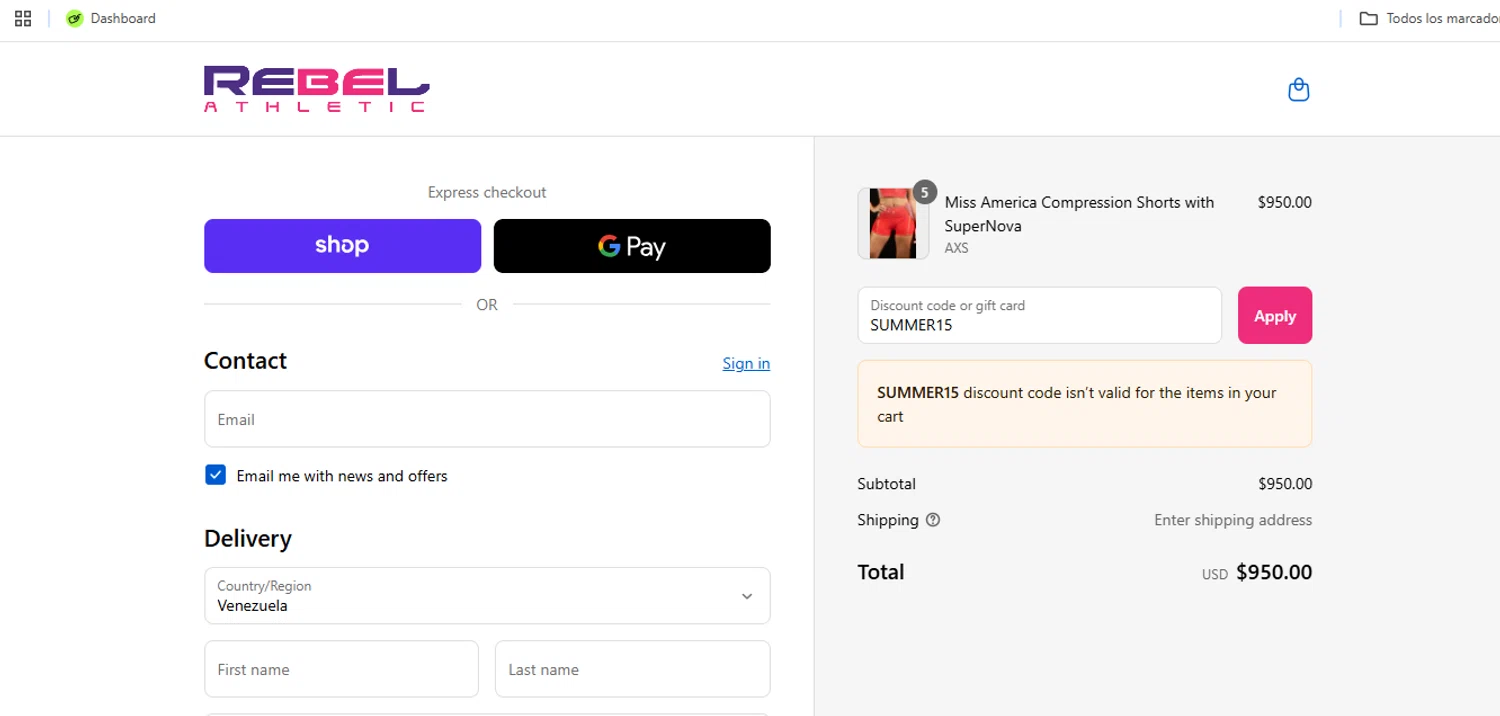 Rebel Athletic coupon code screenshot showing code SUMMER15 applied at Rebel Athletic checkout page. Uploaded by SimplyCodes community member Speedy on Sep 17, 2025