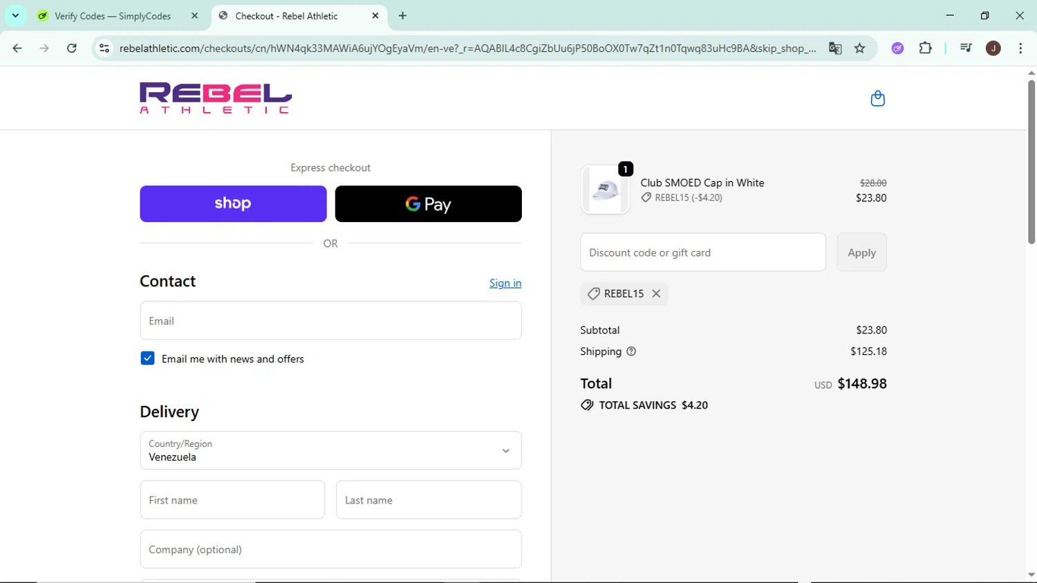 Rebel Athletic coupon code screenshot showing code Rebel15 applied at Rebel Athletic checkout page. Uploaded by SimplyCodes community member LegendaryAce8627 on Nov 3, 2025