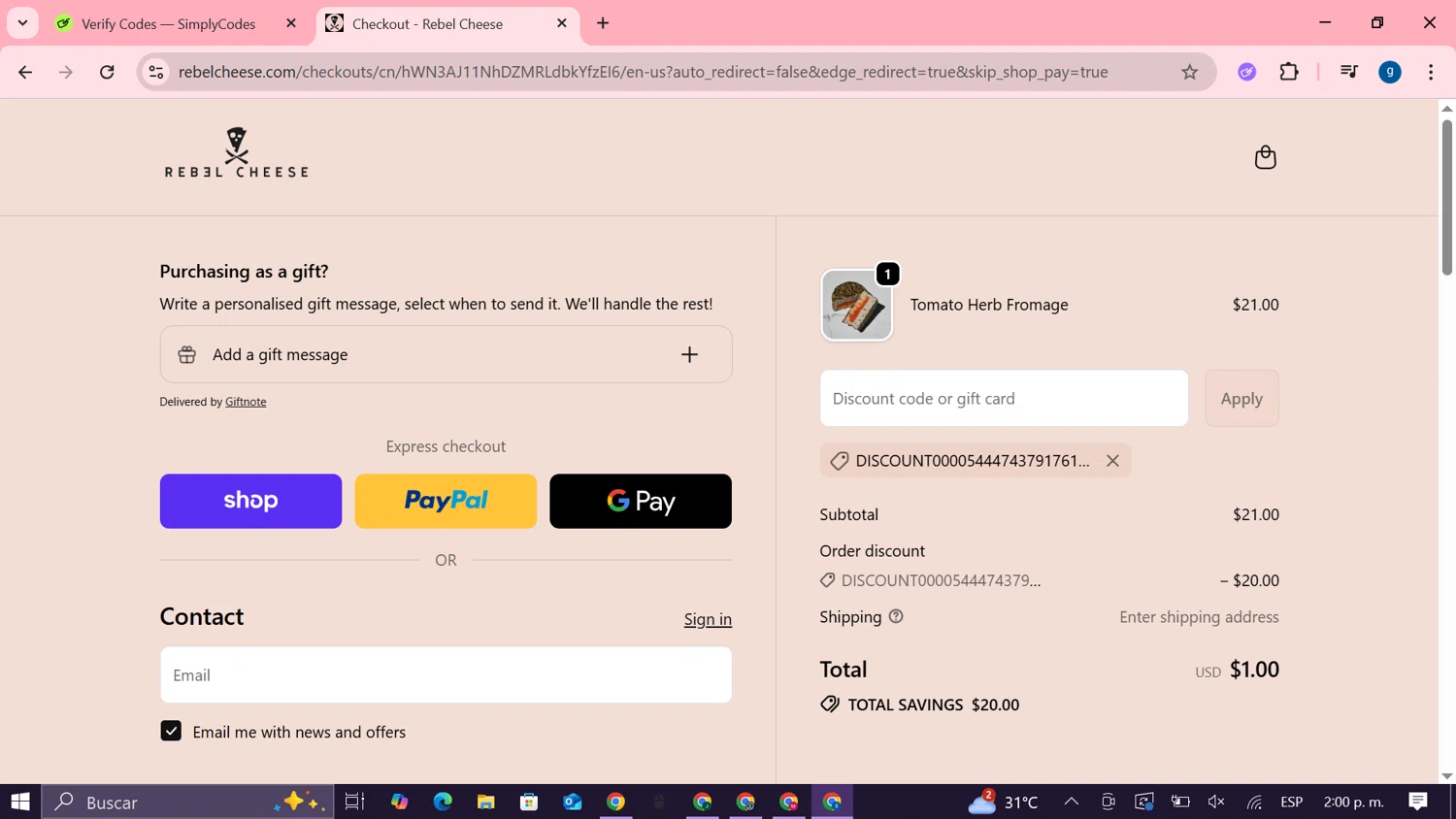 Rebel Cheese discount code screenshot showing code DISCOUNT0000544474379176183260 applied at Rebel Cheese checkout page. Uploaded by SimplyCodes community member MoneyTiger7289 on Sep 19, 2025