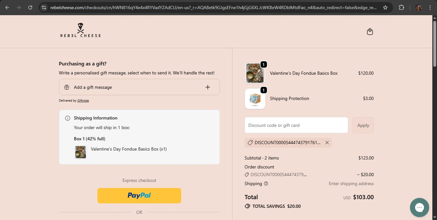 Rebel Cheese discount code screenshot showing code DISCOUNT0000544474379176183260 applied at Rebel Cheese checkout page. Uploaded by SimplyCodes community member milennyzarraga on Jan 25, 2026
