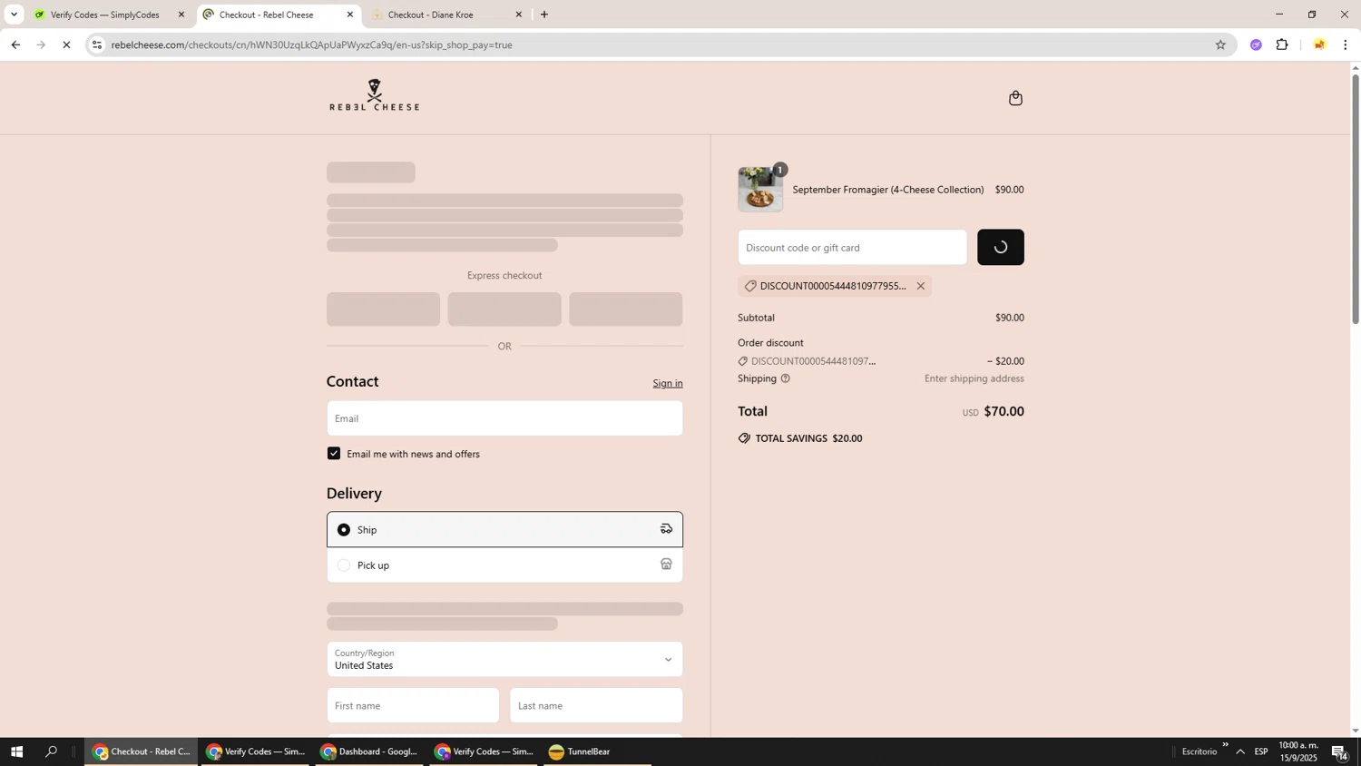 Rebel Cheese discount code screenshot showing code DISCOUNT0000544481097795503580 applied at Rebel Cheese checkout page. Uploaded by SimplyCodes community member Richard251 on Sep 15, 2025