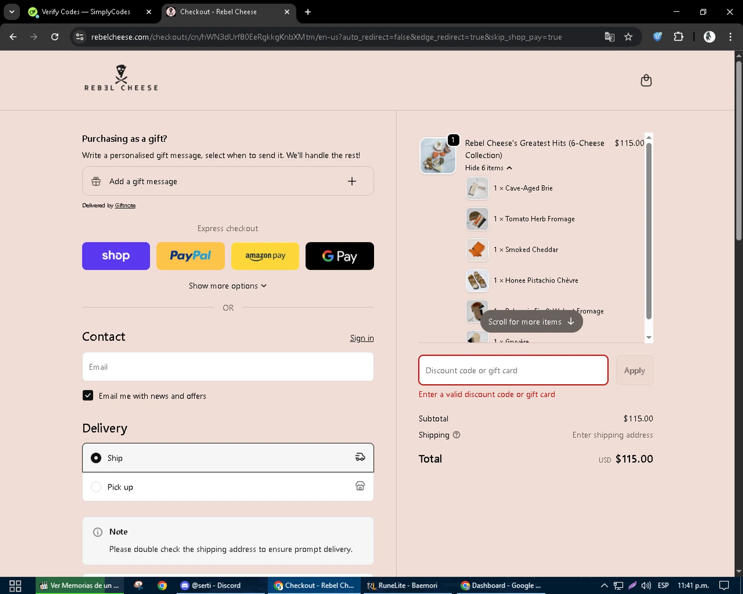 Rebel Cheese discount code screenshot showing code Rebel6year applied at Rebel Cheese checkout page. Uploaded by SimplyCodes community member CleverSentinel9441 on Oct 2, 2025