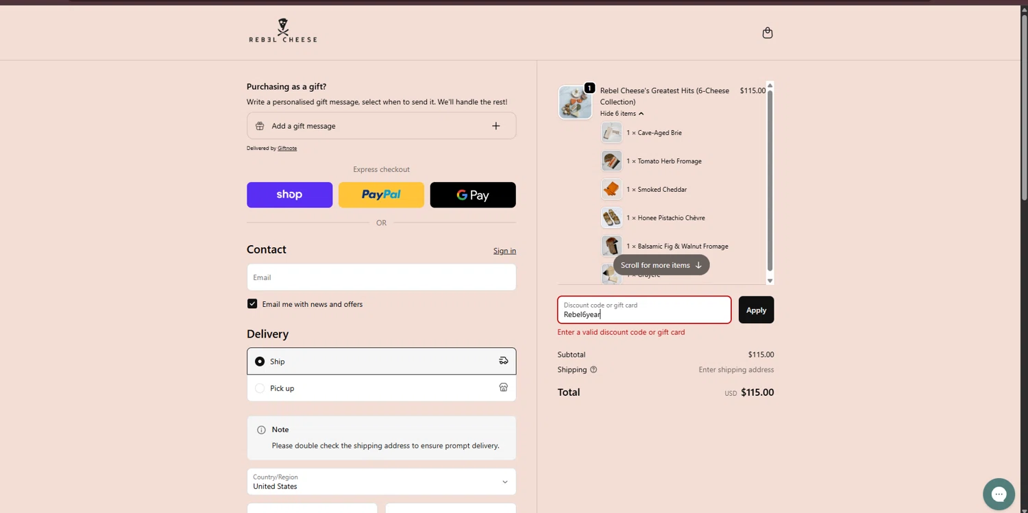 Rebel Cheese discount code screenshot showing code Rebel6year applied at Rebel Cheese checkout page. Uploaded by SimplyCodes community member FortunateDefender7285 on Oct 2, 2025