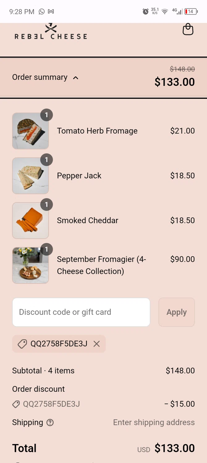 Rebel Cheese discount code screenshot showing code QQ2758F5DE3J applied at Rebel Cheese checkout page. Uploaded by SimplyCodes community member MRDEAL on Sep 17, 2025