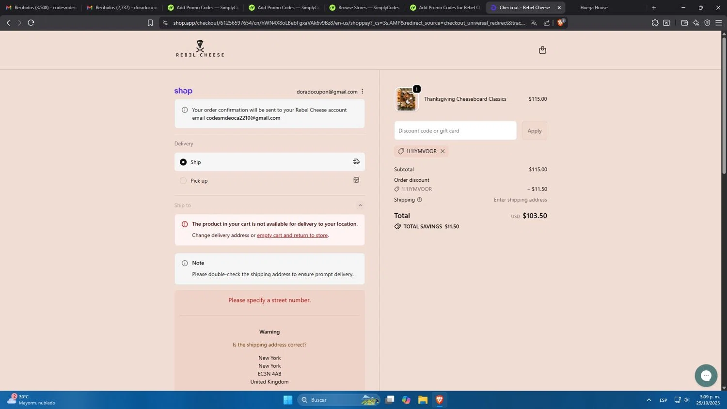 Rebel Cheese discount code screenshot showing code 1I1IYMVOOR applied at Rebel Cheese checkout page. Uploaded by SimplyCodes community member Mdeoca on Oct 25, 2025