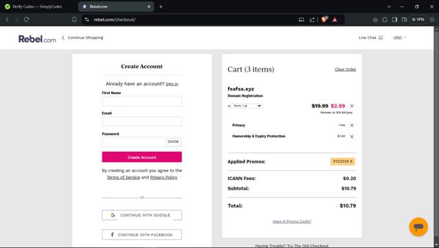 Rebel.com checkout page showing Rebel.com discount code box | Screenshot taken by SimplyCodes community member on Dec 6, 2024