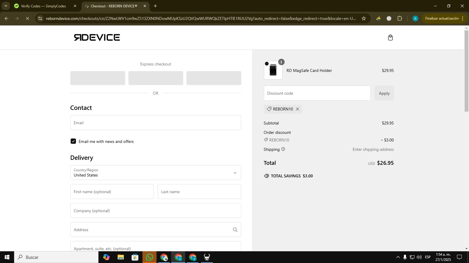 Reborn Device discount code screenshot showing code REBORN10 applied at Reborn Device checkout page. Uploaded by SimplyCodes community member Blackmesa on Jan 27, 2025