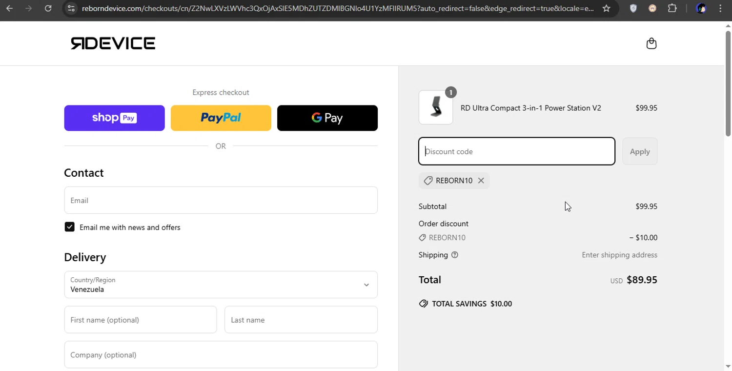 Reborn Device discount code screenshot showing code REBORN10 applied at Reborn Device checkout page. Uploaded by SimplyCodes community member xXSATOXx on Mar 26, 2025