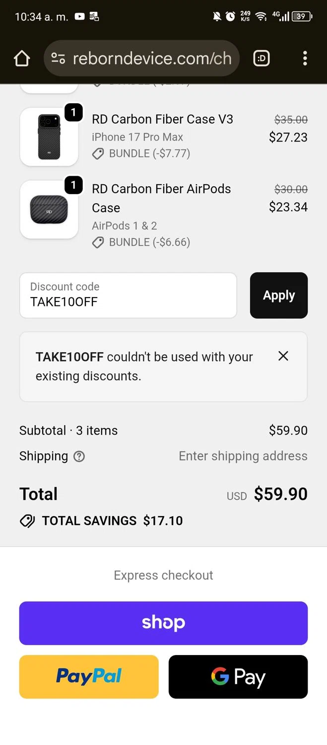 Reborn Device discount code screenshot showing code TAKE10OFF applied at Reborn Device checkout page. Uploaded by SimplyCodes community member ITSO1676764508225 on Nov 19, 2025