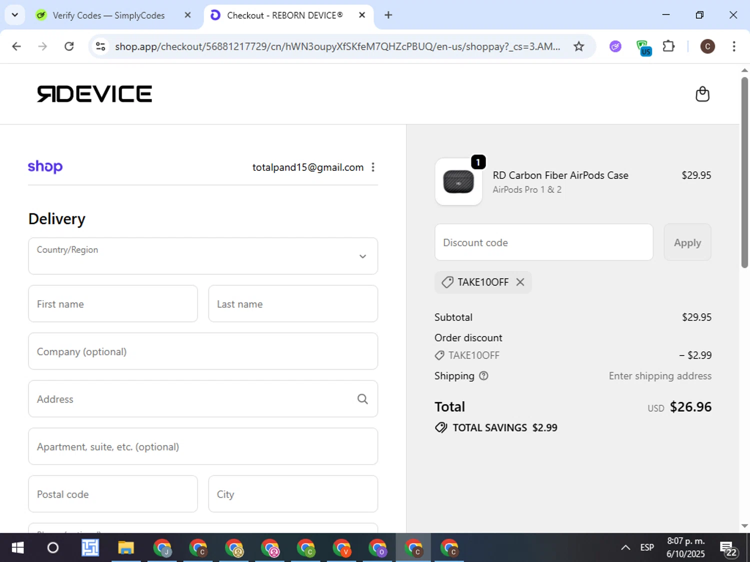 Reborn Device discount code screenshot showing code TAKE10OFF applied at Reborn Device checkout page. Uploaded by SimplyCodes community member TreasureFox8596 on Oct 7, 2025