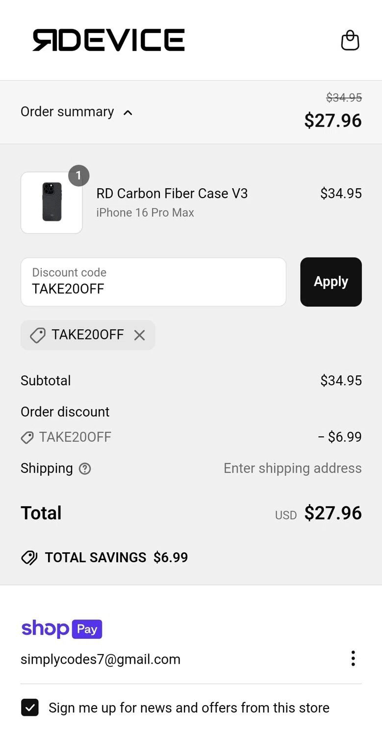 Reborn Device discount code screenshot showing code TAKE20OFF applied at Reborn Device checkout page. Uploaded by SimplyCodes community member JuanMonge on Apr 6, 2025