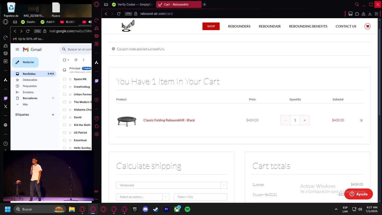 ReboundAIR coupon code screenshot showing code Fall2021 applied at ReboundAIR checkout page. Uploaded by SimplyCodes community member leonardocamacho2 on Jul 1, 2025