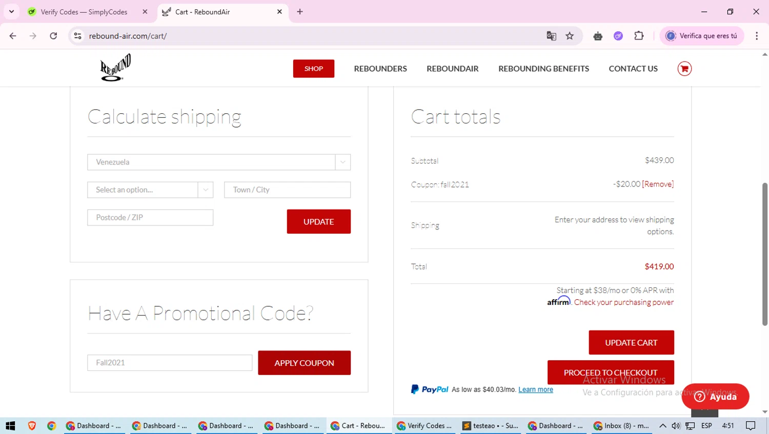 ReboundAIR coupon code screenshot showing code Fall2021 applied at ReboundAIR checkout page. Uploaded by SimplyCodes community member loversuper on May 27, 2025