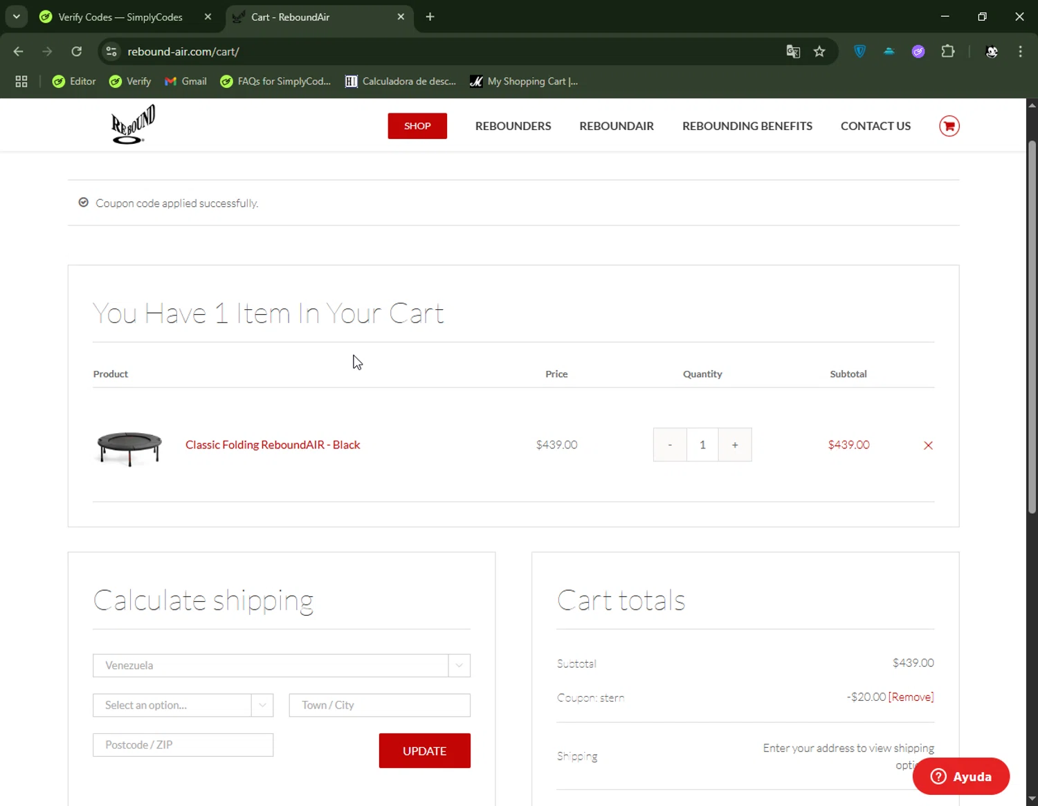 ReboundAIR coupon code screenshot showing code STERN applied at ReboundAIR checkout page. Uploaded by SimplyCodes community member FelixelGato on Jul 1, 2025