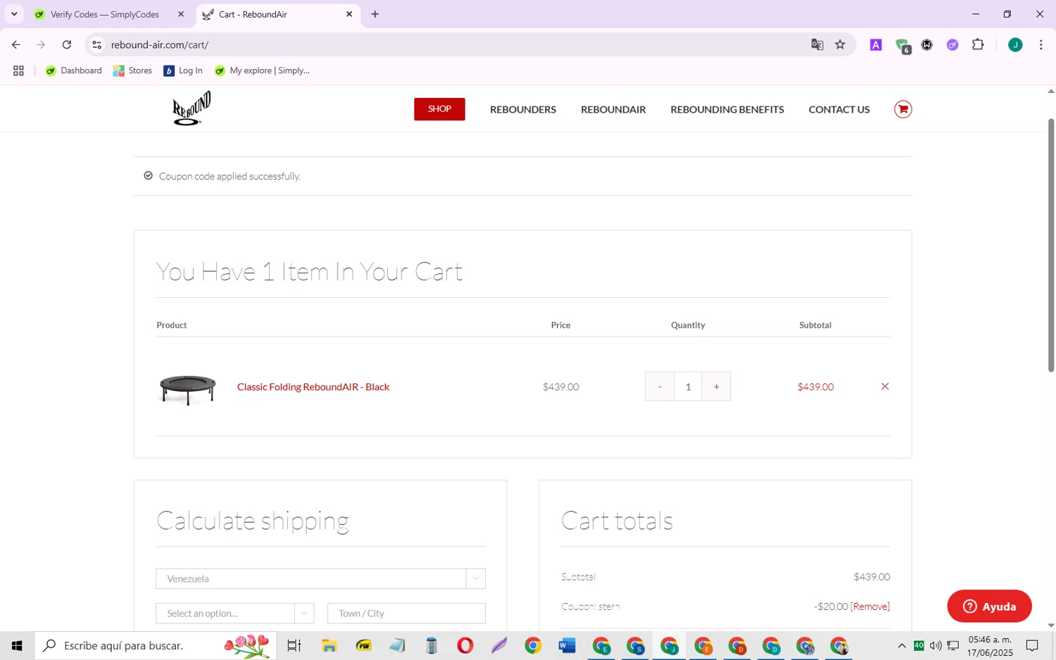 ReboundAIR coupon code screenshot showing code STERN applied at ReboundAIR checkout page. Uploaded by SimplyCodes community member SarayH on Jun 17, 2025