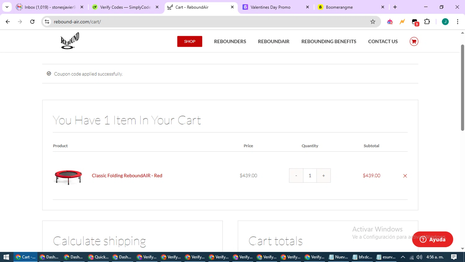 ReboundAIR coupon code screenshot showing code STERN applied at ReboundAIR checkout page. Uploaded by SimplyCodes community member SavvyCurator1770 on May 27, 2025