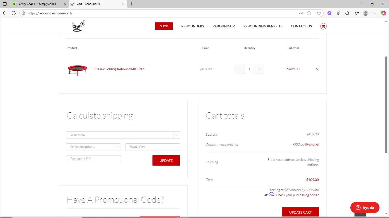 ReboundAIR coupon code screenshot showing code independence applied at ReboundAIR checkout page. Uploaded by SimplyCodes community member CrownShopper2899 on Jul 1, 2025