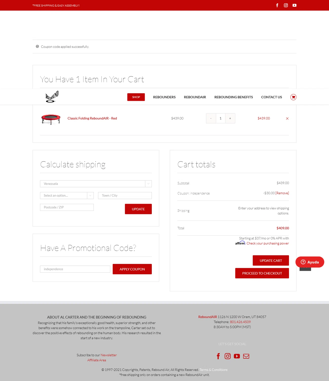 ReboundAIR coupon code screenshot showing code independence applied at ReboundAIR checkout page. Uploaded by SimplyCodes community member WladimirV on May 27, 2025