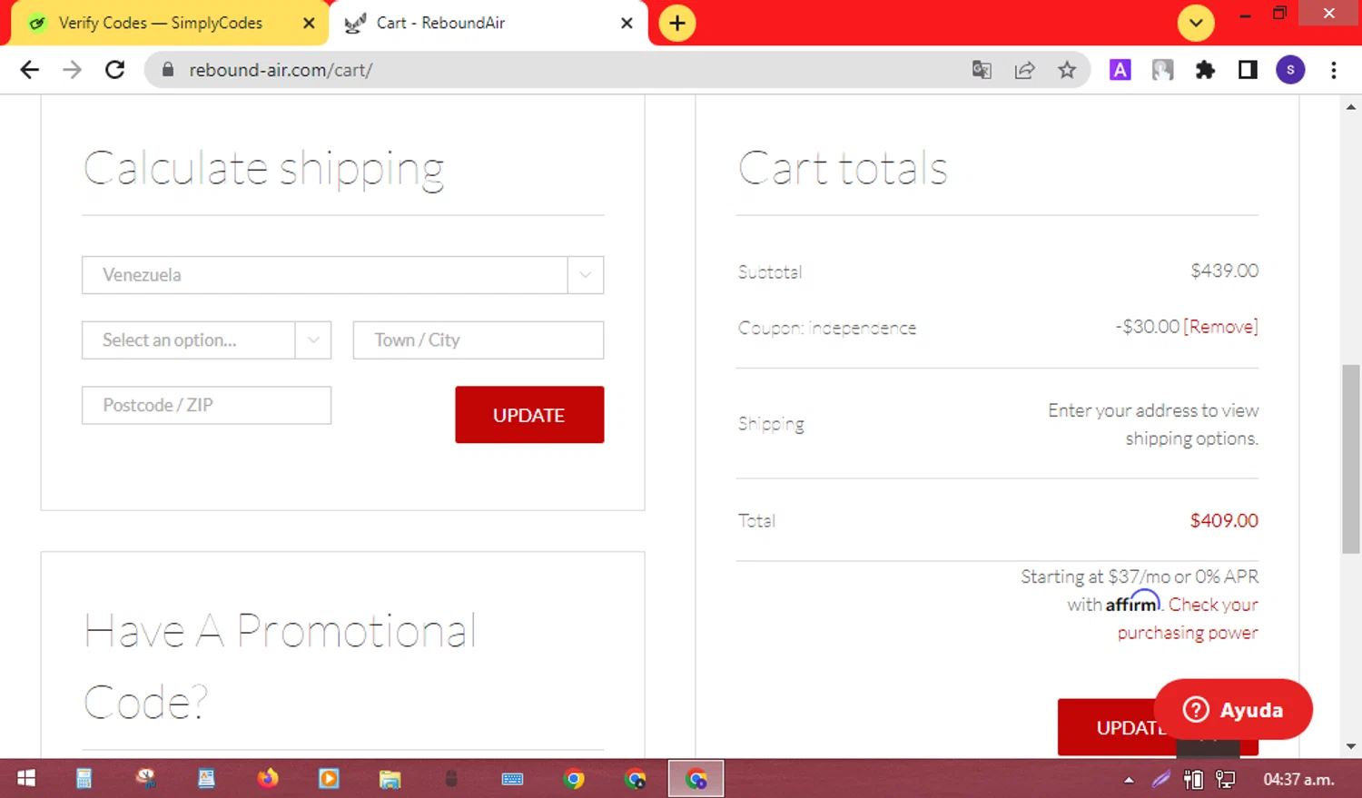 ReboundAIR coupon code screenshot showing code independence applied at ReboundAIR checkout page. Uploaded by SimplyCodes community member SilverMaven7655 on May 20, 2025