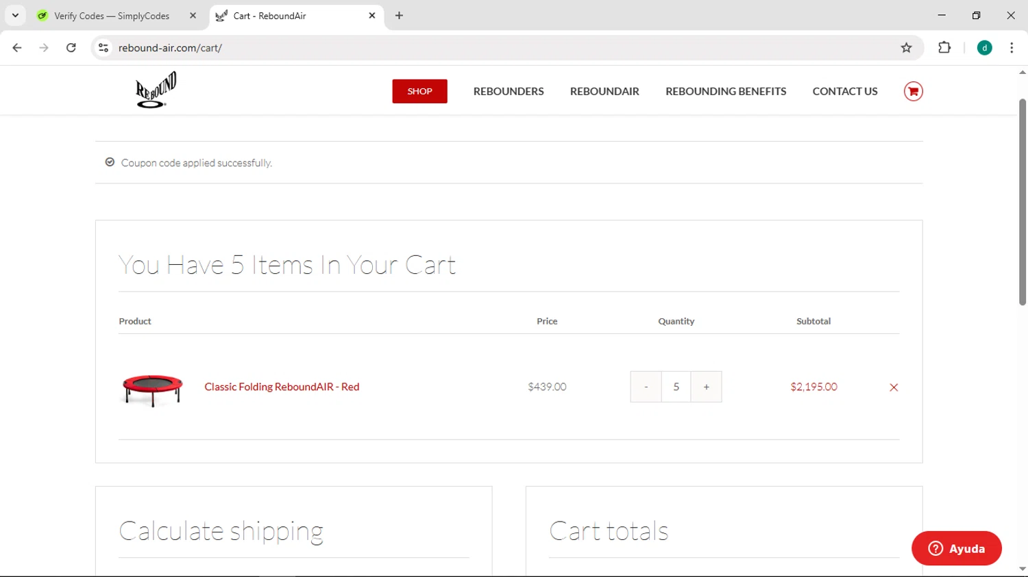 ReboundAIR coupon code screenshot showing code REBOUNDAIRFAMILY applied at ReboundAIR checkout page. Uploaded by SimplyCodes community member HEROESCUDA on May 20, 2025