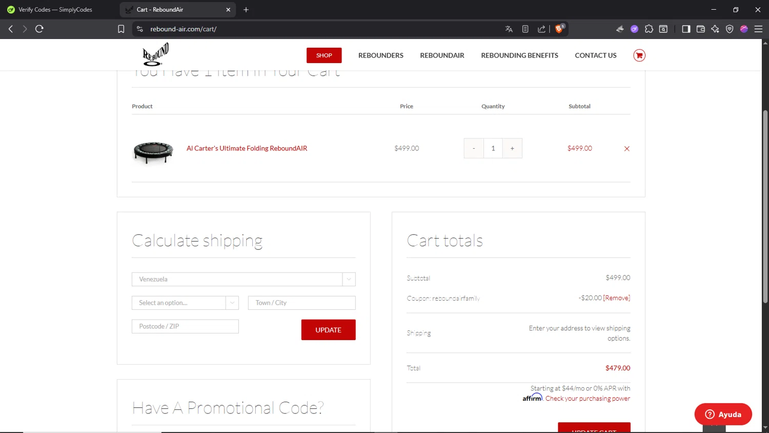 ReboundAIR coupon code screenshot showing code REBOUNDAIRFAMILY applied at ReboundAIR checkout page. Uploaded by SimplyCodes community member Morrachida04 on Jul 1, 2025