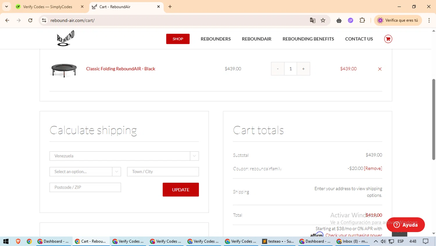 ReboundAIR coupon code screenshot showing code REBOUNDAIRFAMILY applied at ReboundAIR checkout page. Uploaded by SimplyCodes community member ScanExpert2824 on May 27, 2025