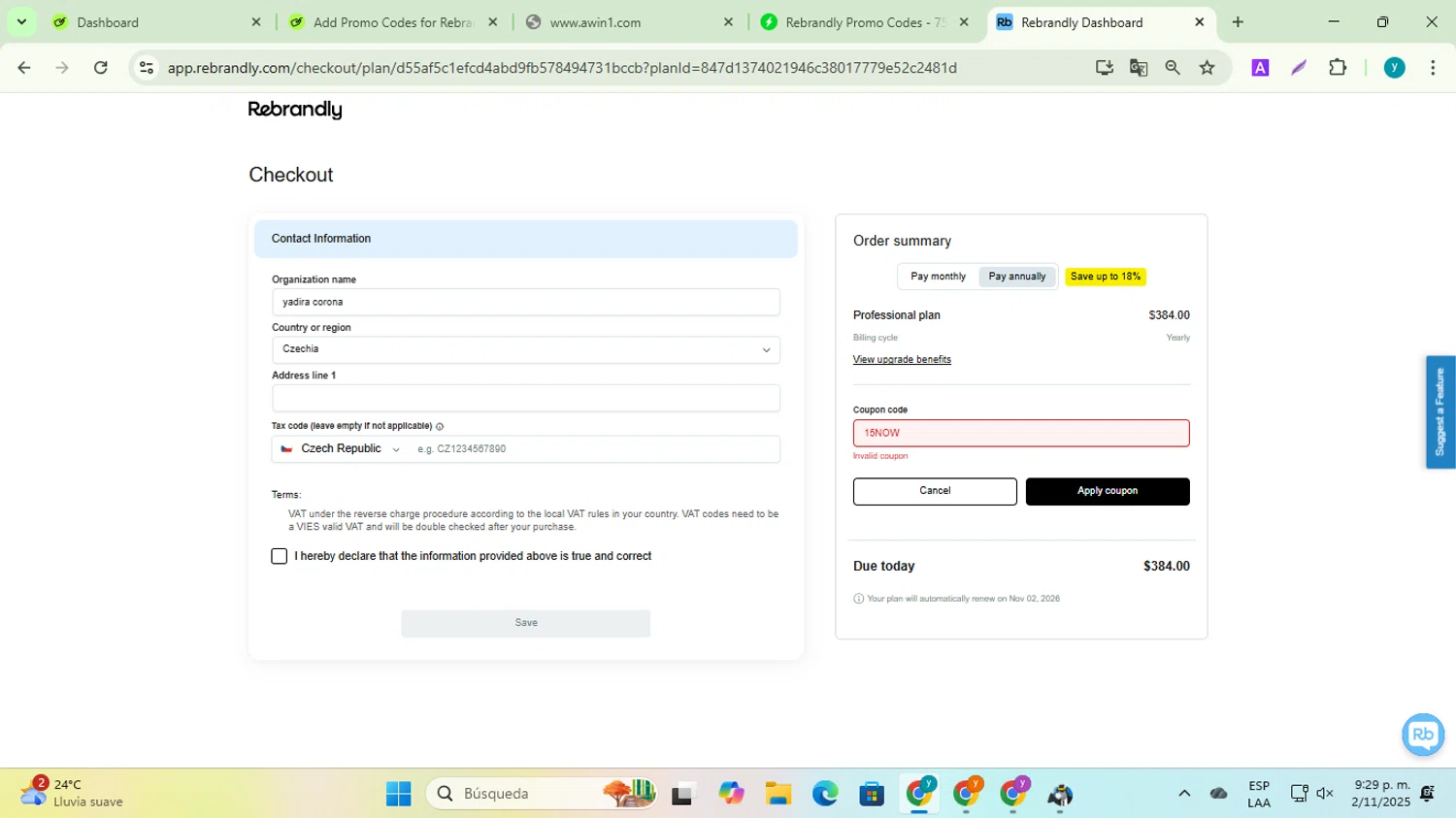Rebrandly coupon code screenshot showing code 15NOW applied at Rebrandly checkout page. Uploaded by SimplyCodes community member yadiracg074 on Nov 3, 2025
