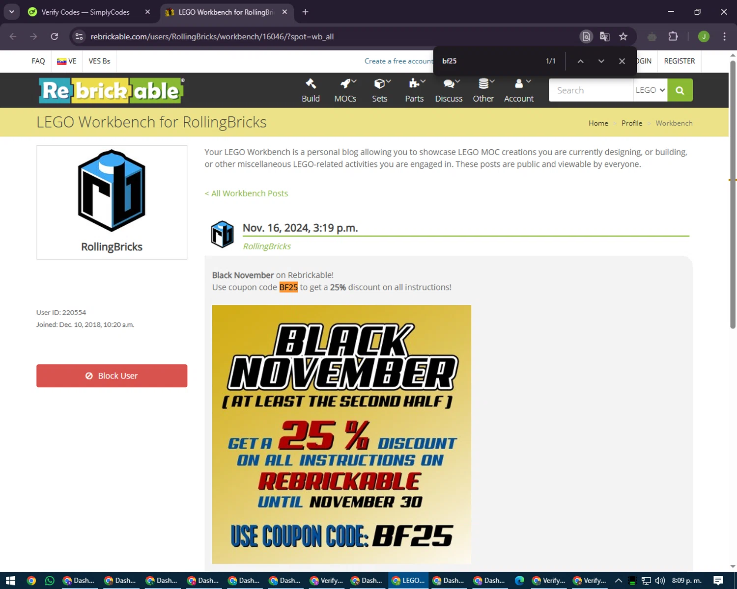 Rebrickable coupon code screenshot showing code bf25 applied at Rebrickable checkout page. Uploaded by SimplyCodes community member LilBaby on Mar 29, 2025