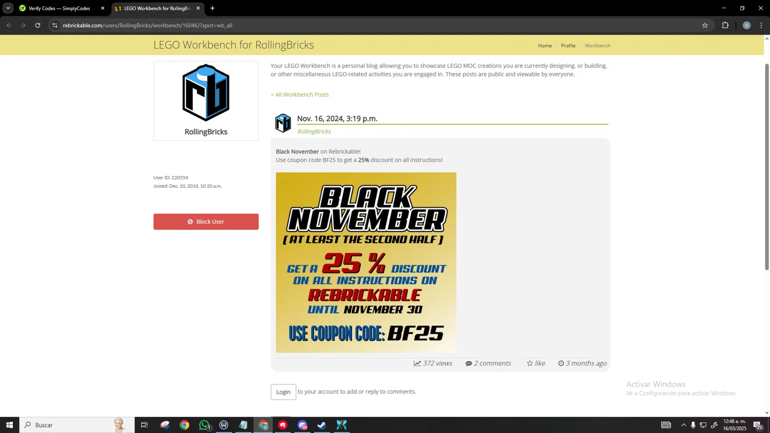 Rebrickable checkout page showing Rebrickable coupon code box | Screenshot taken by SimplyCodes community member on Mar 16, 2025