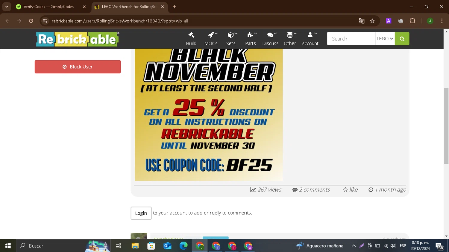 Rebrickable checkout page showing Rebrickable coupon code box | Screenshot taken by SimplyCodes community member on Dec 21, 2024