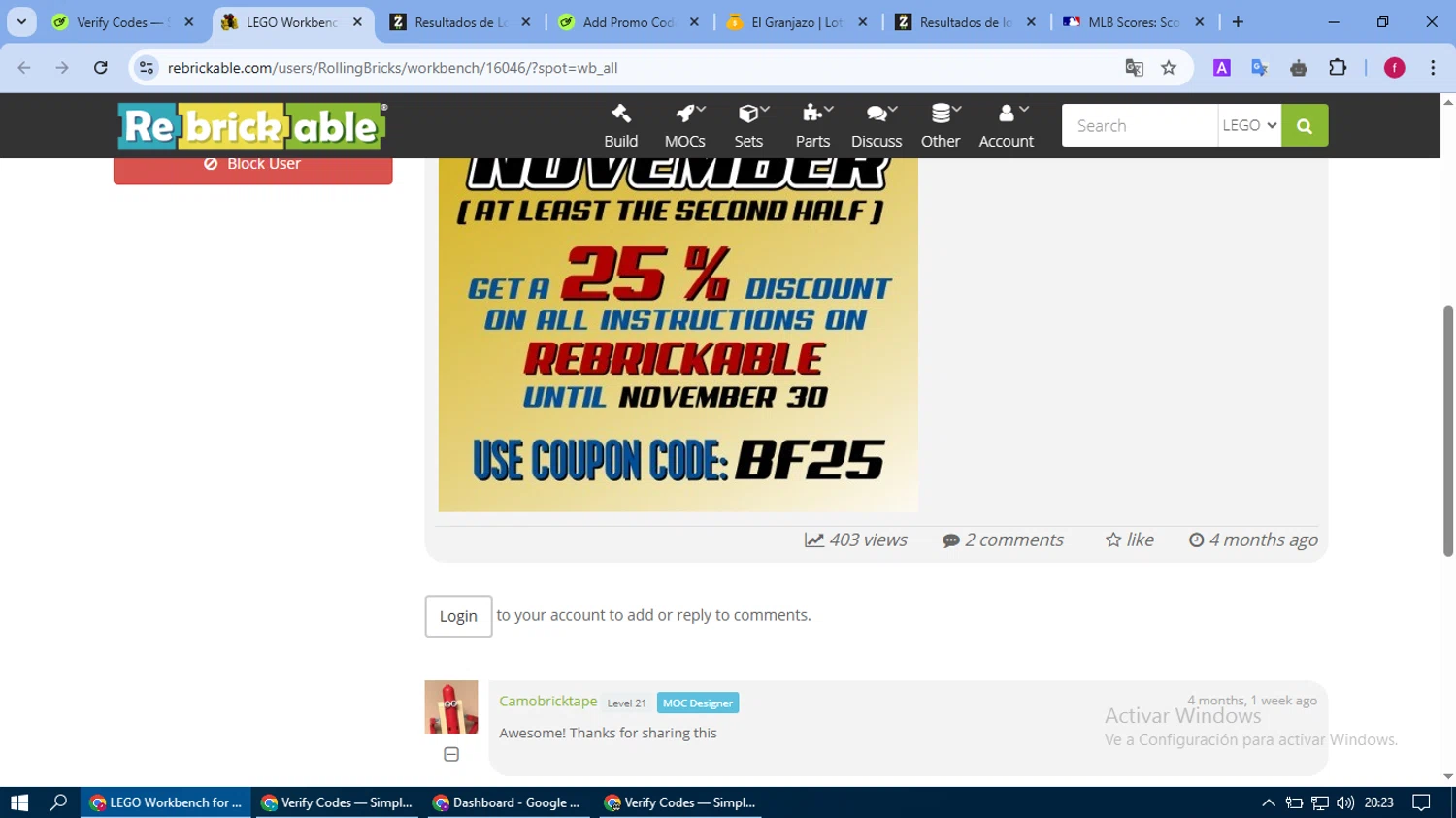 Rebrickable coupon code screenshot showing code bf25 applied at Rebrickable checkout page. Uploaded by SimplyCodes community member fausguillermo on Mar 29, 2025