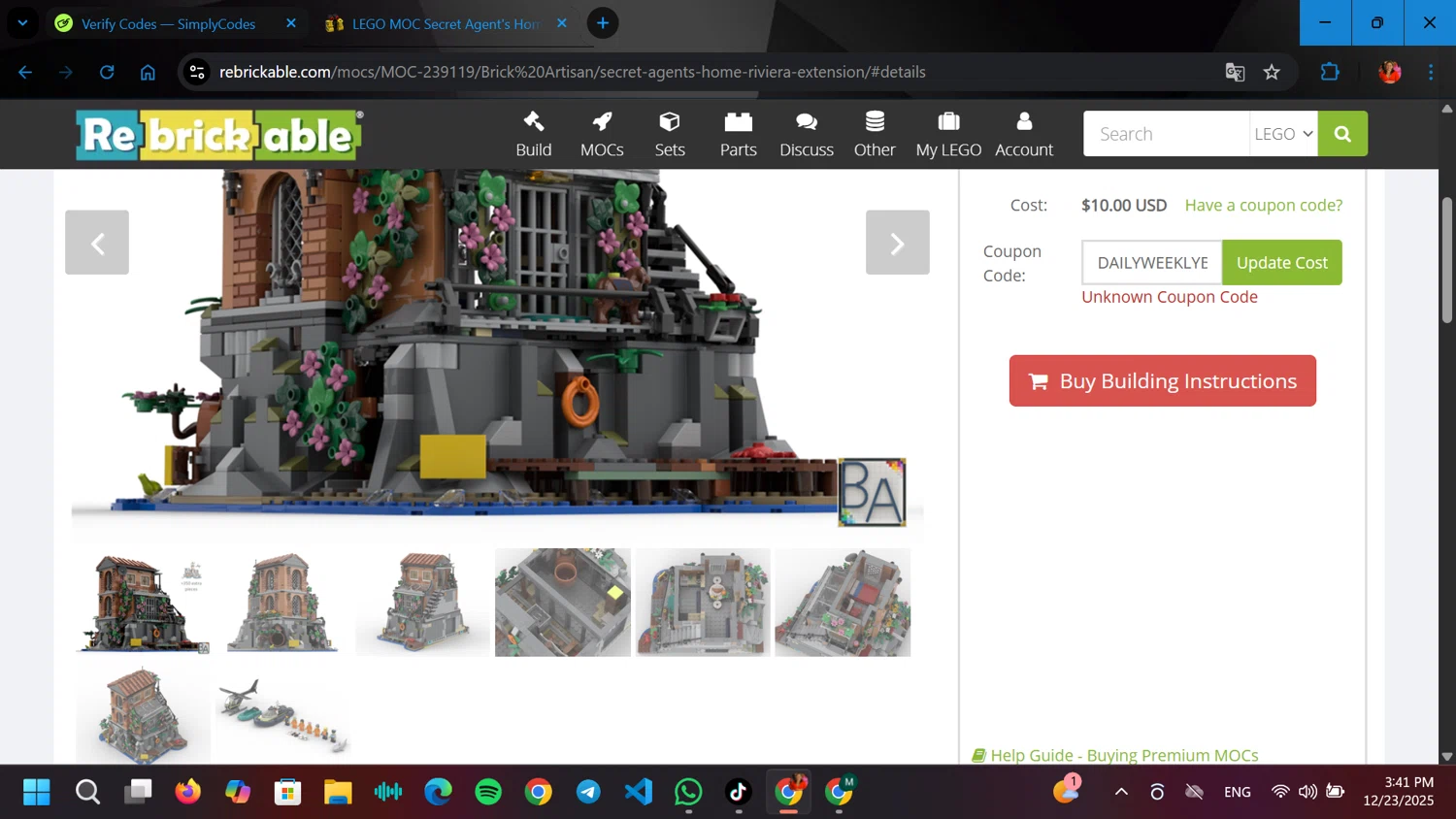 Rebrickable coupon code screenshot showing code DAILYWEEKLYBUILDS applied at Rebrickable checkout page. Uploaded by SimplyCodes community member ELGOAT on Dec 23, 2025