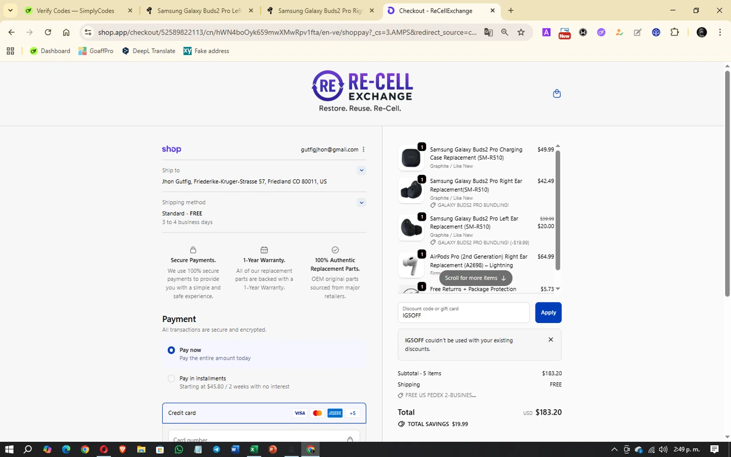 ReCellExchange coupon code screenshot showing code IG5OFF applied at ReCellExchange checkout page. Uploaded by SimplyCodes community member Aspen_Colorado on Oct 27, 2025