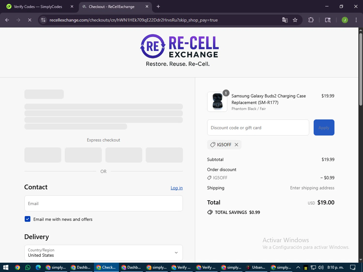 ReCellExchange coupon code screenshot showing code IG5OFF applied at ReCellExchange checkout page. Uploaded by SimplyCodes community member LilBaby on Aug 1, 2025