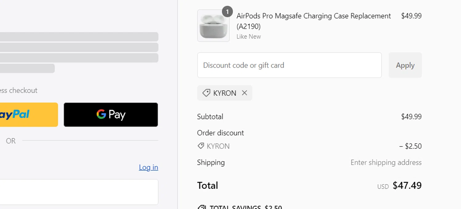 ReCellExchange coupon code screenshot showing code KYRON applied at ReCellExchange checkout page. Uploaded by SimplyCodes community member juansito on Jan 14, 2025