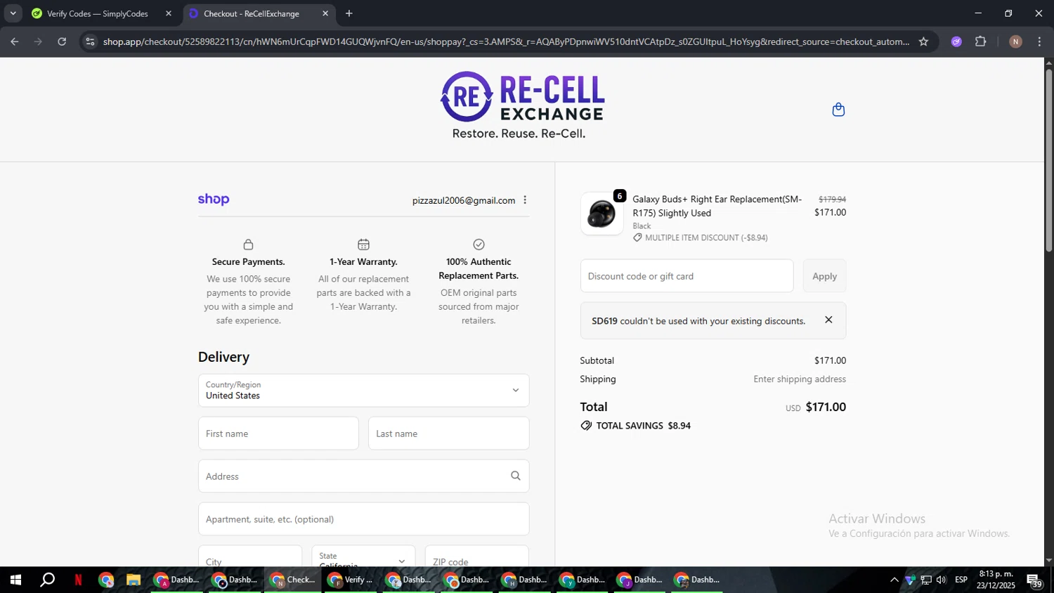 ReCellExchange coupon code screenshot showing code SD619 applied at ReCellExchange checkout page. Uploaded by SimplyCodes community member DiscountPioneer2554 on Dec 24, 2025