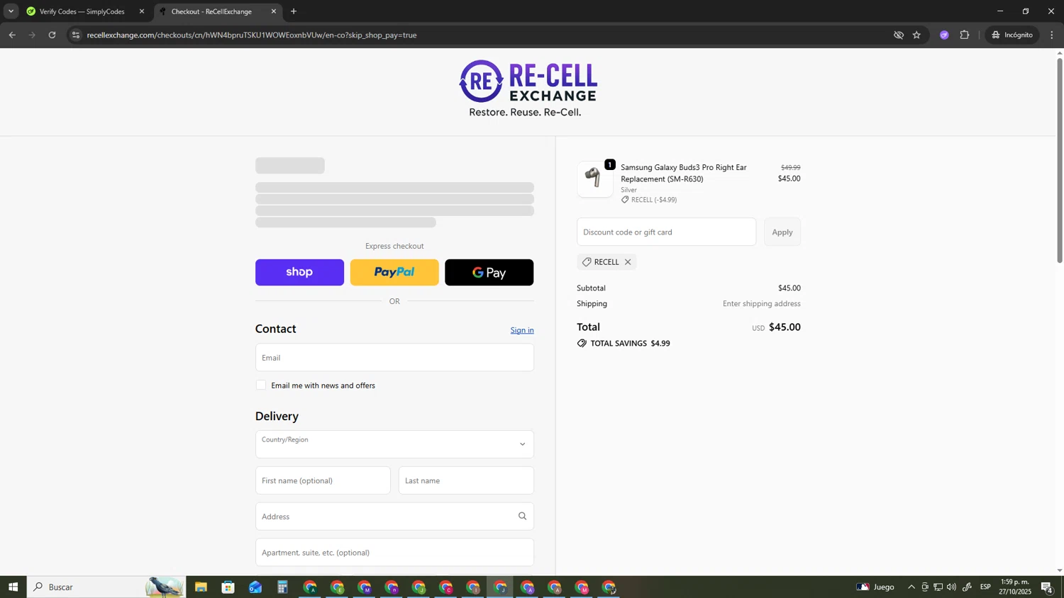 ReCellExchange coupon code screenshot showing code RECELL applied at ReCellExchange checkout page. Uploaded by SimplyCodes community member AVATIGRITO on Oct 27, 2025