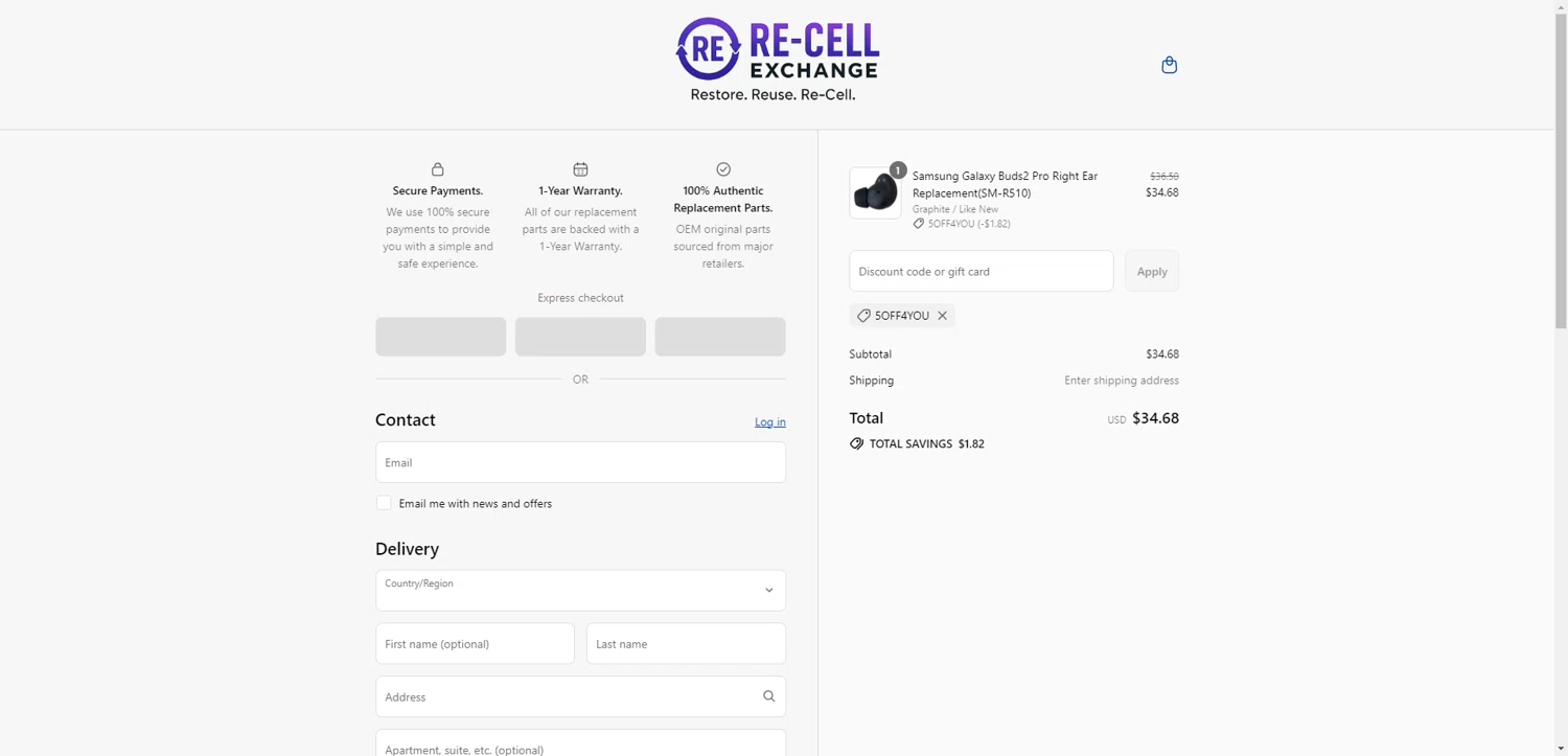 ReCellExchange coupon code screenshot showing code 5OFF4YOU applied at ReCellExchange checkout page. Uploaded by SimplyCodes community member RewardTitan728 on Jul 5, 2025