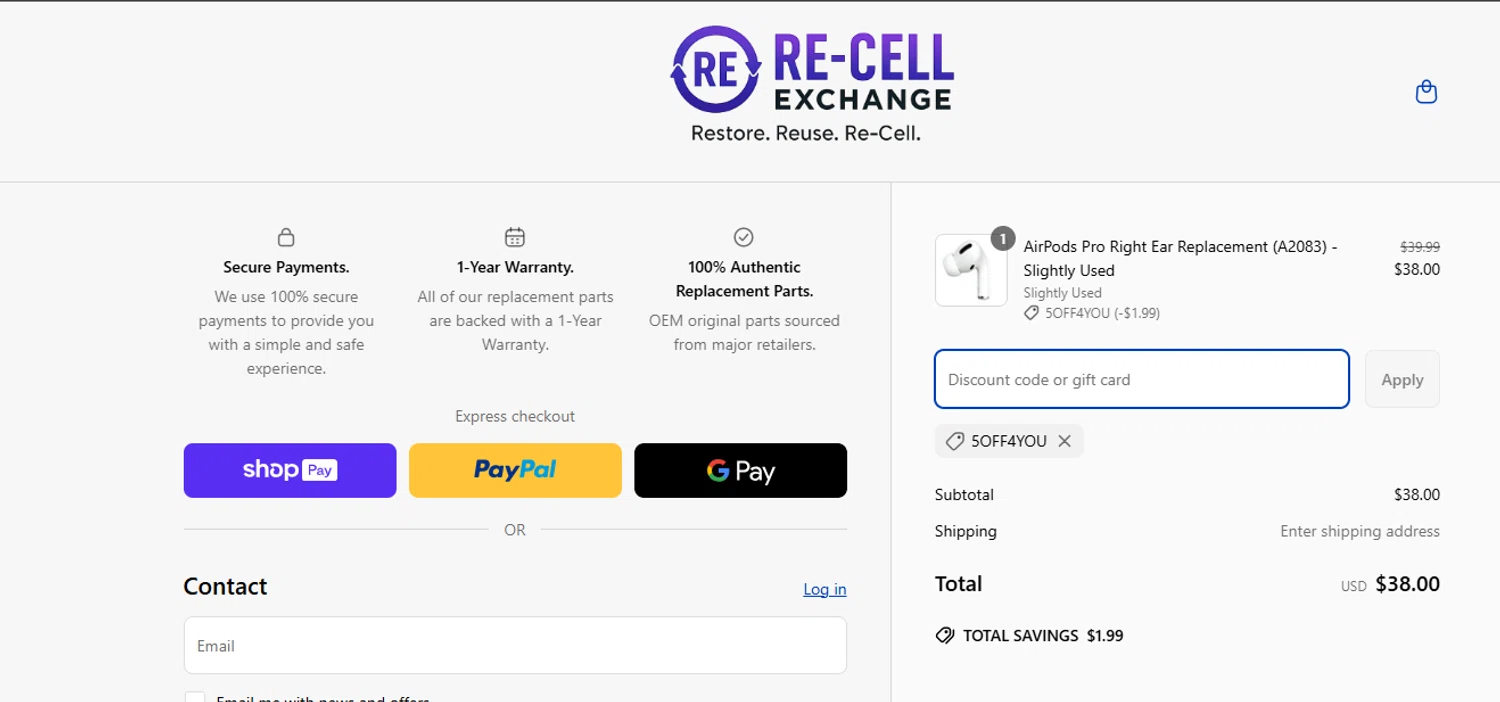 ReCellExchange coupon code screenshot showing code 5OFF4YOU applied at ReCellExchange checkout page. Uploaded by SimplyCodes community member NobleMaestro676 on Jun 21, 2025
