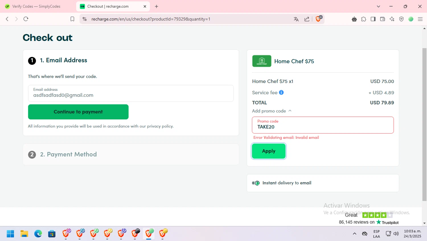 recharge.com promo code screenshot showing code TAKE20 applied at recharge.com checkout page. Uploaded by SimplyCodes community member Gluttony on Mar 24, 2025