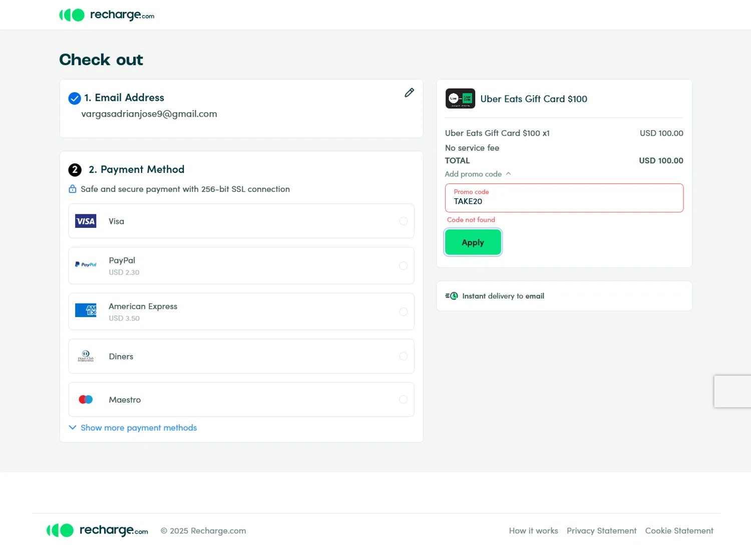 recharge.com promo code screenshot showing code TAKE20 applied at recharge.com checkout page. Uploaded by SimplyCodes community member WladimirV on Feb 27, 2025