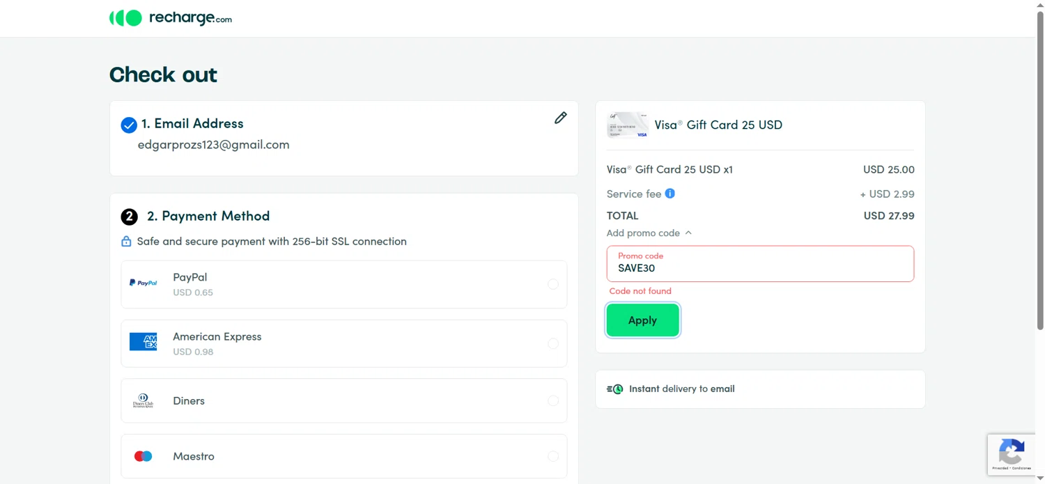 recharge.com promo code screenshot showing code SAVE30 applied at recharge.com checkout page. Uploaded by SimplyCodes community member TALLER1 on Mar 23, 2025
