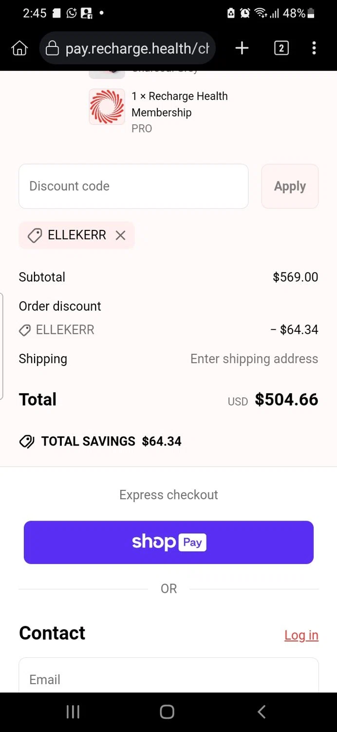 Recharge Health promo code screenshot showing code ELLEKERR applied at Recharge Health checkout page. Uploaded by SimplyCodes community member GloriousMaestro4930 on Jun 22, 2025