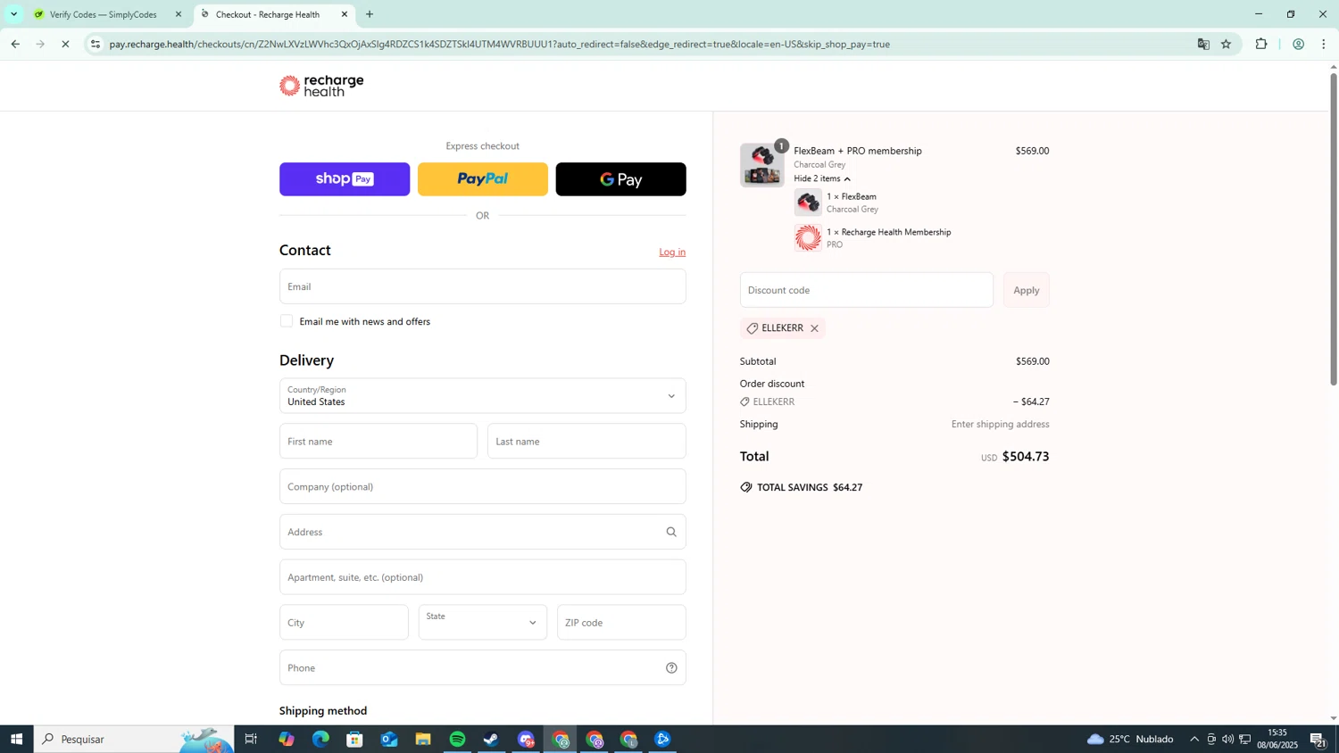 Recharge Health promo code screenshot showing code ELLEKERR applied at Recharge Health checkout page. Uploaded by SimplyCodes community member Knight on Jun 8, 2025