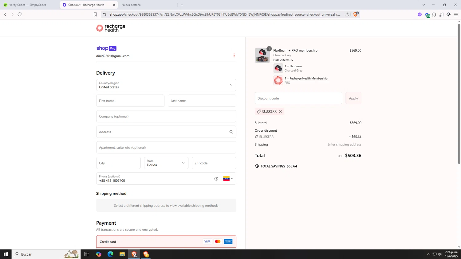 Recharge Health promo code screenshot showing code ELLEKERR applied at Recharge Health checkout page. Uploaded by SimplyCodes community member VictoriousDefender7352 on Jun 15, 2025