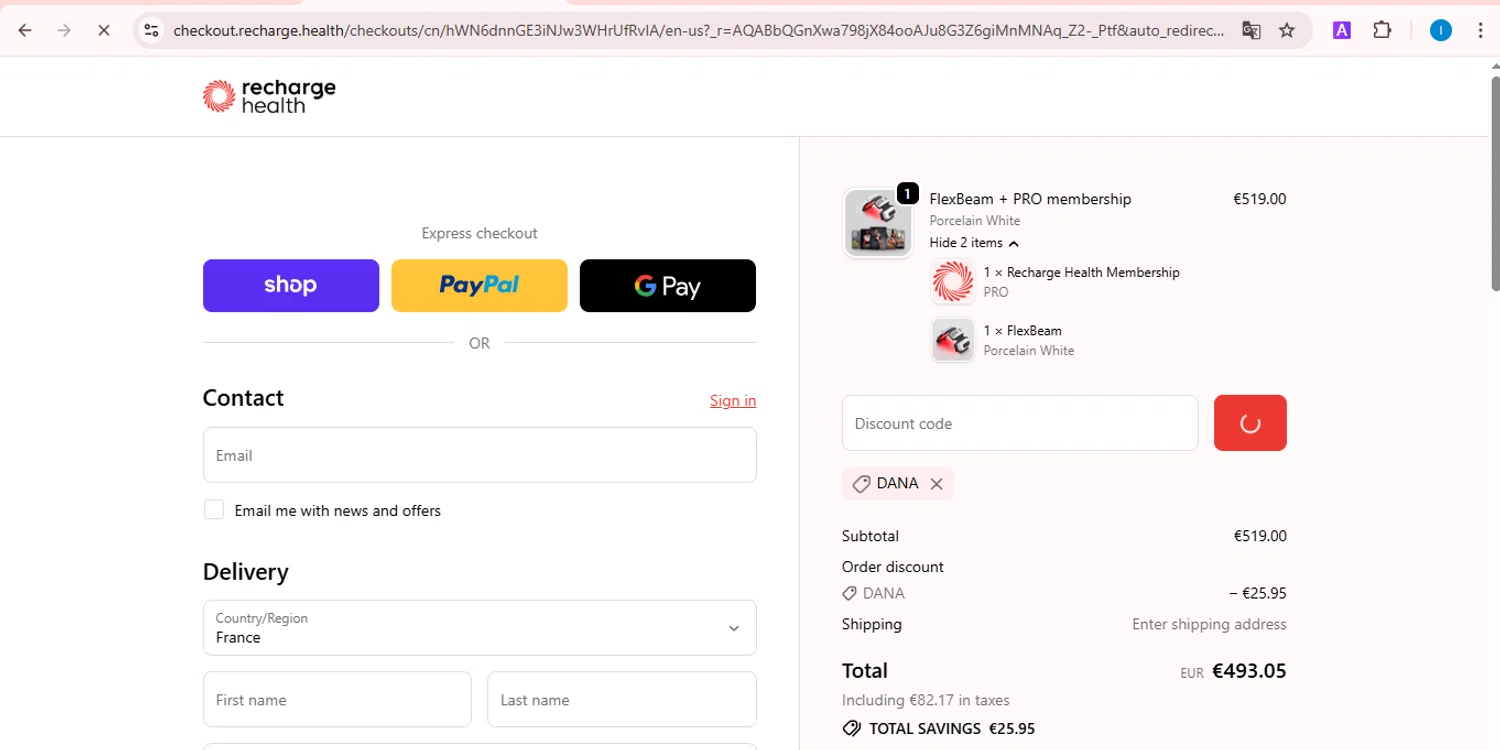 Recharge Health promo code screenshot showing code DANA applied at Recharge Health checkout page. Uploaded by SimplyCodes community member TreasureScout5082 on Dec 20, 2025