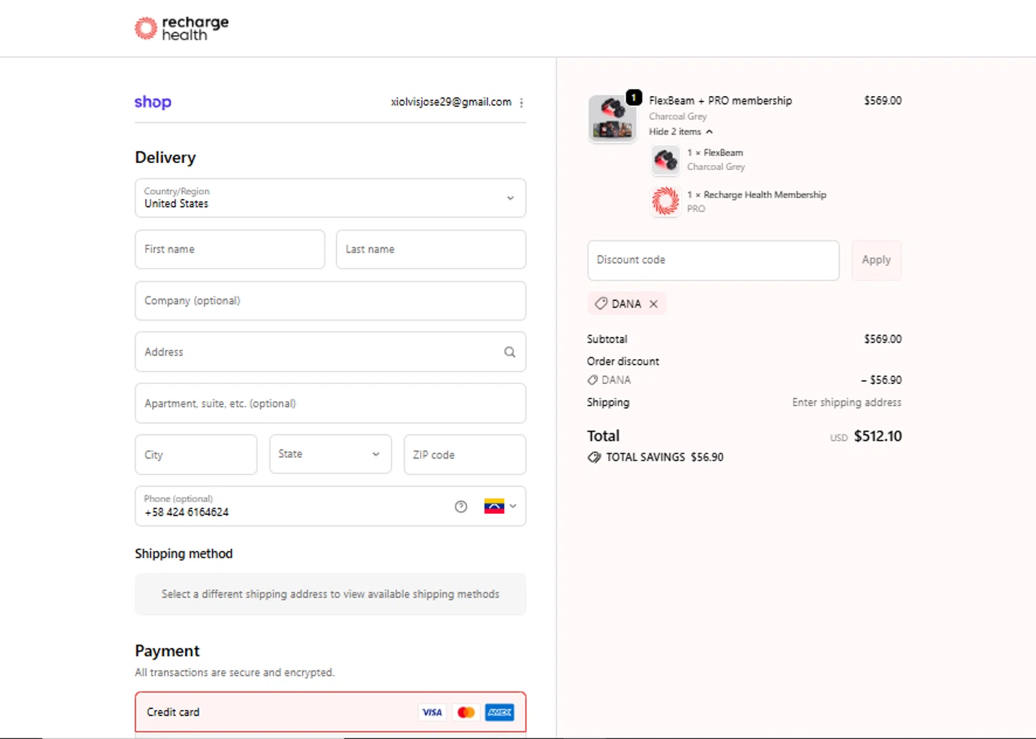 Recharge Health promo code screenshot showing code DANA applied at Recharge Health checkout page. Uploaded by SimplyCodes community member Xiooh292929 on Oct 8, 2025