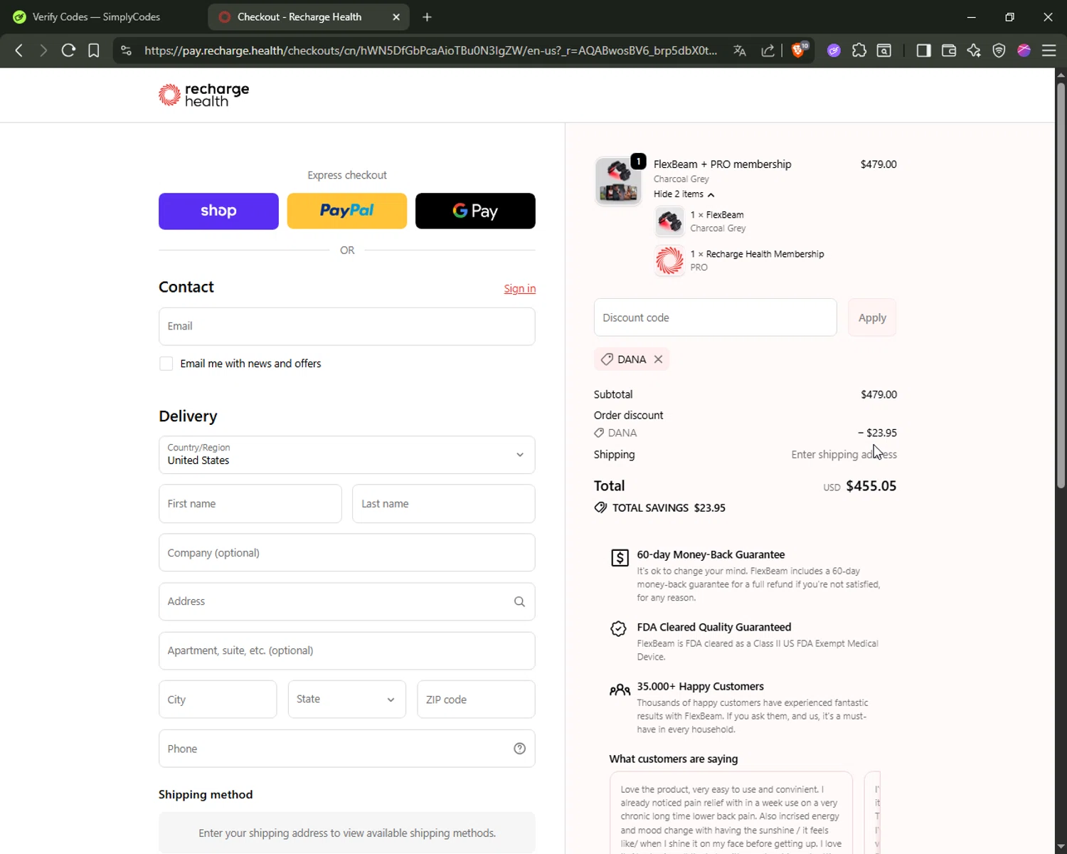 Recharge Health promo code screenshot showing code DANA applied at Recharge Health checkout page. Uploaded by SimplyCodes community member Yamisukeiro on Nov 12, 2025