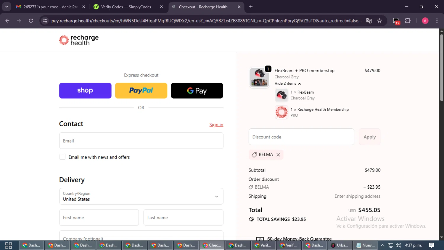 Recharge Health promo code screenshot showing code BELMA applied at Recharge Health checkout page. Uploaded by SimplyCodes community member MagnificentSpotter4236 on Nov 12, 2025